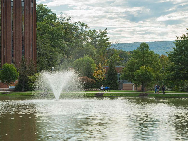 A waterfall landscape feature at the Altoona campus