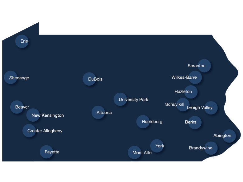 Silhouette of Pennsylvania showing all Penn State campus locations.