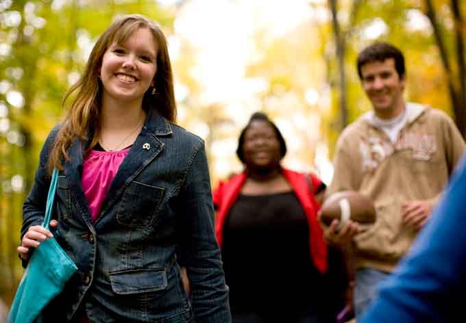 Penn State Berks students walk across campus, a picturesque campus near Reading, Pennsylvania.