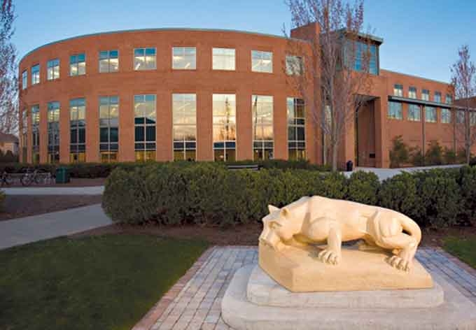 Photo of Penn State Harrisburg campus, with the Lion Shrine Statue in front of their Main building.
