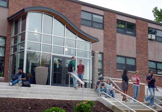 Students gather outside the Engineering building on the Penn State York campus, 100 acres in Uniontown, Pennsylvania.